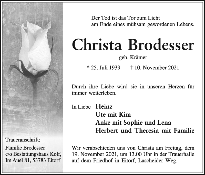  Traueranzeige für Christa Brodesser vom 16.11.2021 aus Kölner Stadt-Anzeiger / Kölnische Rundschau / Express