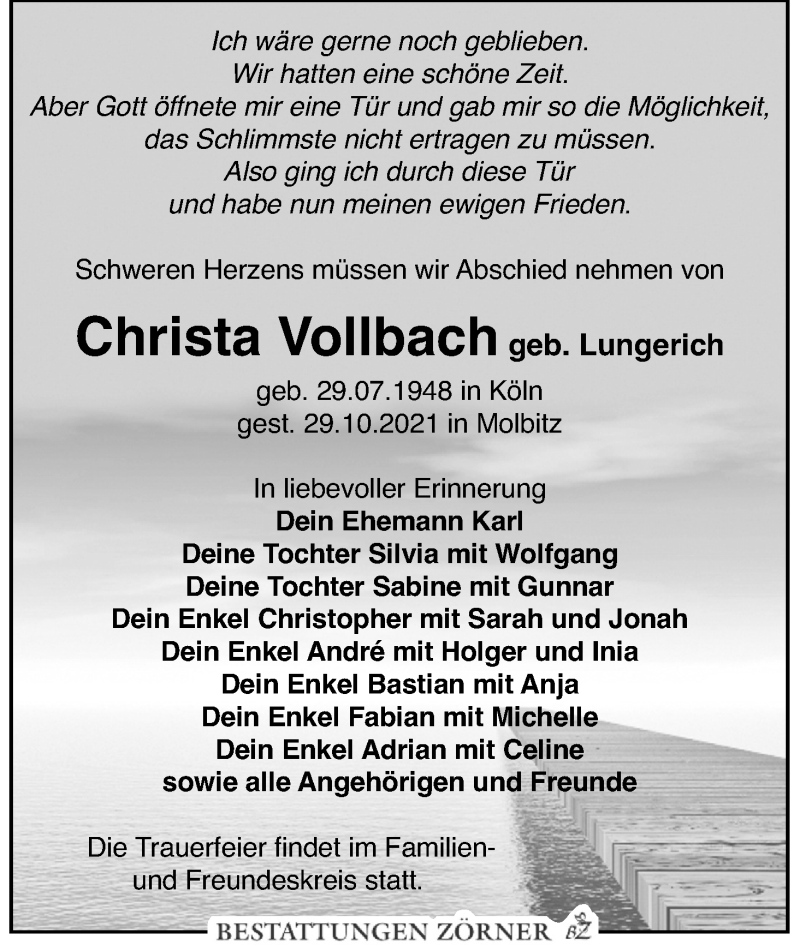  Traueranzeige für Christa Vollbach vom 06.11.2021 aus Kölner Stadt-Anzeiger / Kölnische Rundschau / Express