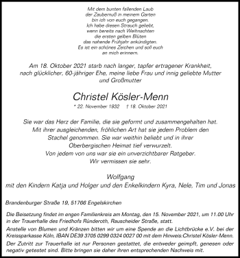 Anzeige von Christel Kösler-Menn von  Anzeigen Echo 