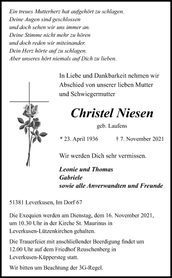 Anzeige von Christel Niesen von Kölner Stadt-Anzeiger / Kölnische Rundschau / Express