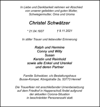 Anzeige von Christel Schwätzer von Kölner Stadt-Anzeiger / Kölnische Rundschau / Express