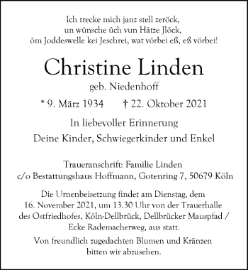 Anzeige von Christine Linden von  Kölner Wochenspiegel 