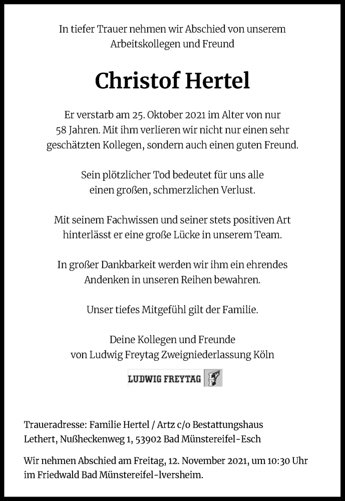  Traueranzeige für Christof Hertel vom 06.11.2021 aus Kölner Stadt-Anzeiger / Kölnische Rundschau / Express