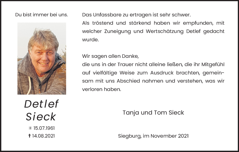  Traueranzeige für Detlef Sieck vom 13.11.2021 aus Kölner Stadt-Anzeiger / Kölnische Rundschau / Express