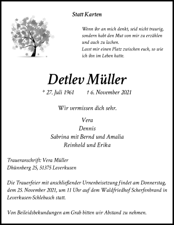 Anzeige von Detlev Müller von Kölner Stadt-Anzeiger / Kölnische Rundschau / Express