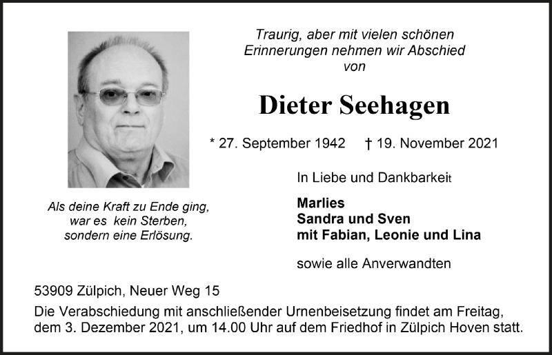  Traueranzeige für Dieter Seehagen vom 27.11.2021 aus  Blickpunkt Euskirchen 