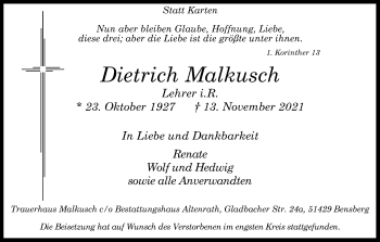 Anzeige von Dietrich Malkusch von Kölner Stadt-Anzeiger / Kölnische Rundschau / Express