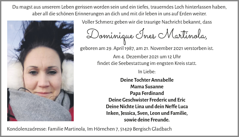  Traueranzeige für Dominique Ines Martinola vom 26.11.2021 aus  Bergisches Handelsblatt 