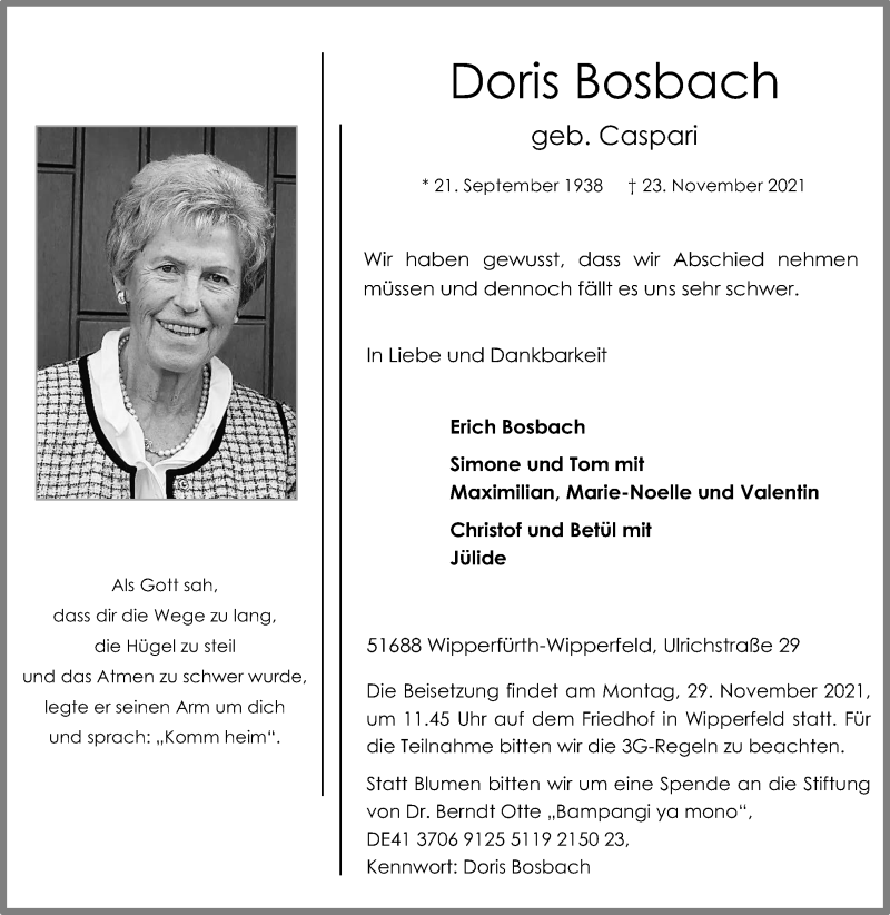  Traueranzeige für Doris Bosbach vom 26.11.2021 aus Kölner Stadt-Anzeiger / Kölnische Rundschau / Express