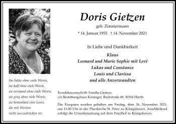 Anzeige von Doris Gietzen von Kölner Stadt-Anzeiger / Kölnische Rundschau / Express