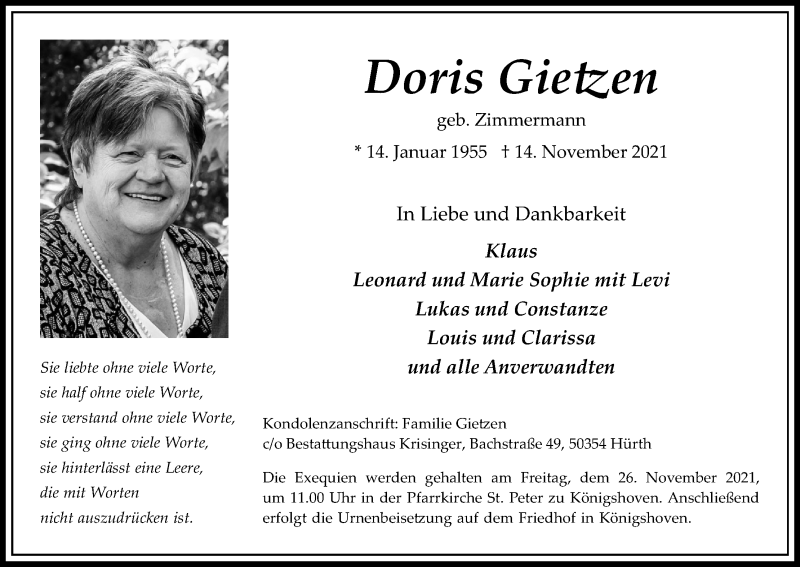  Traueranzeige für Doris Gietzen vom 20.11.2021 aus Kölner Stadt-Anzeiger / Kölnische Rundschau / Express