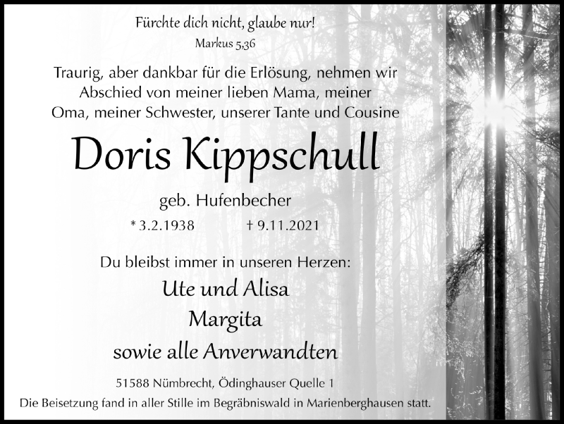  Traueranzeige für Doris Kippschull vom 19.11.2021 aus  Lokalanzeiger 