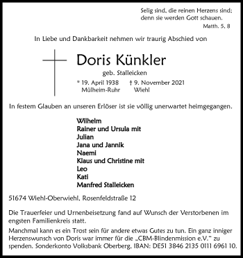 Anzeige von Doris Künkler von Kölner Stadt-Anzeiger / Kölnische Rundschau / Express