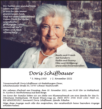 Anzeige von Doris Schiffbauer von Kölner Stadt-Anzeiger / Kölnische Rundschau / Express