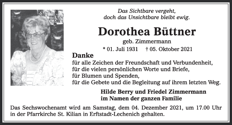  Traueranzeige für Dorothea Büttner vom 18.07.2023 aus  Werbepost 
