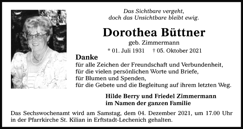  Traueranzeige für Dorothea Büttner vom 18.07.2023 aus Kölner Stadt-Anzeiger / Kölnische Rundschau / Express