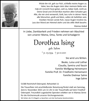 Anzeige von Dorothea Ising von Kölner Stadt-Anzeiger / Kölnische Rundschau / Express