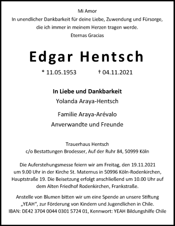 Anzeige von Edgar Hentsch von Kölner Stadt-Anzeiger / Kölnische Rundschau / Express