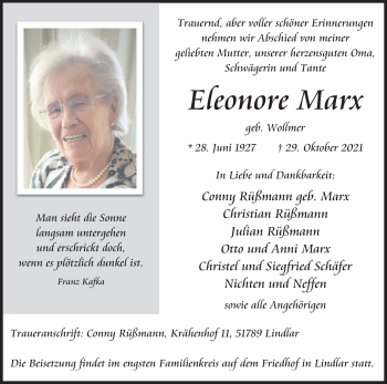 Anzeige von Eleonore Marx von Kölner Stadt-Anzeiger / Kölnische Rundschau / Express