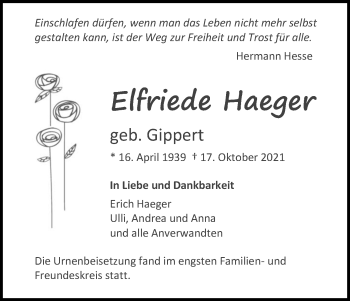 Anzeige von Elfriede Haeger von Kölner Stadt-Anzeiger / Kölnische Rundschau / Express