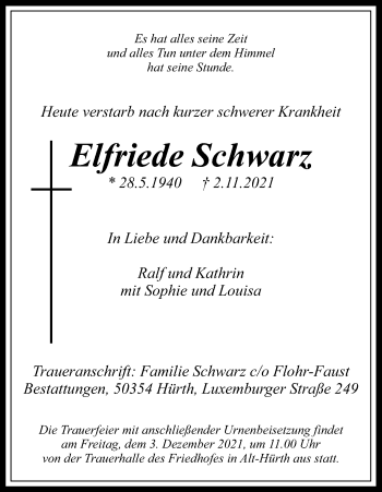 Anzeige von Elfriede Schwarz von Kölner Stadt-Anzeiger / Kölnische Rundschau / Express