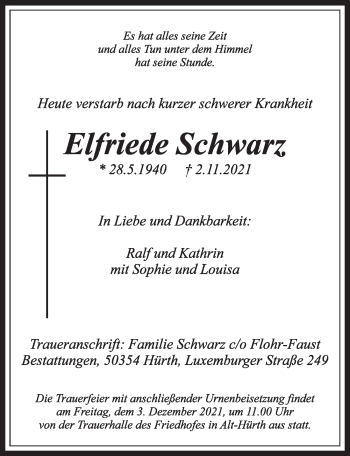 Anzeige von Elfriede Schwarz von  Wochenende 