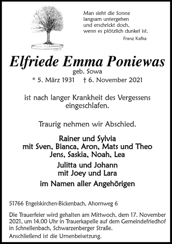 Anzeige von Elfriede Emma Poniewas von  Anzeigen Echo 