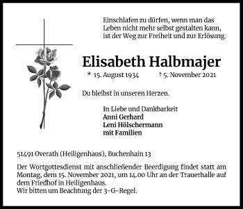 Anzeige von Elisabeth Halbmajer von Kölner Stadt-Anzeiger / Kölnische Rundschau / Express