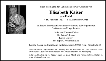 Anzeige von Elisabeth Kaiser von Kölner Stadt-Anzeiger / Kölnische Rundschau / Express