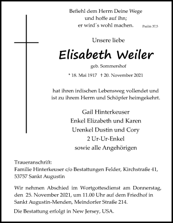 Anzeige von Elisabeth Weiler von Kölner Stadt-Anzeiger / Kölnische Rundschau / Express