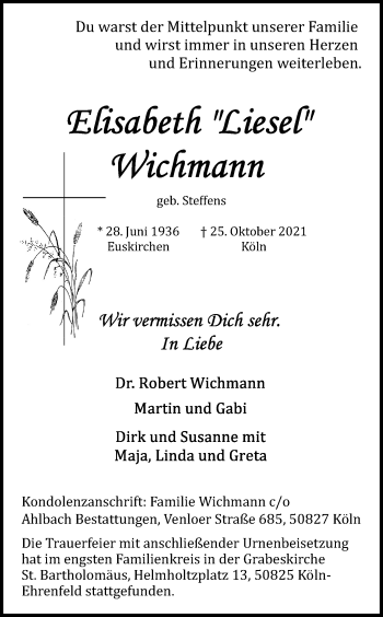 Anzeige von Elisabeth Wichmann von Kölner Stadt-Anzeiger / Kölnische Rundschau / Express
