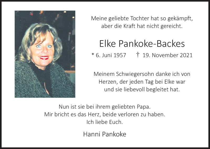  Traueranzeige für Elke Pankoke-Backes vom 24.11.2021 aus Kölner Stadt-Anzeiger / Kölnische Rundschau / Express