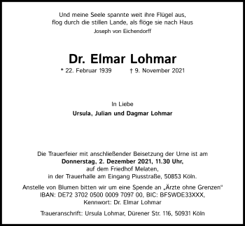 Anzeige von Elmar Lohmar von Kölner Stadt-Anzeiger / Kölnische Rundschau / Express