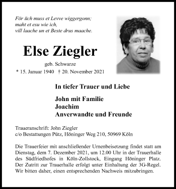 Anzeige von Else Ziegler von Kölner Stadt-Anzeiger / Kölnische Rundschau / Express