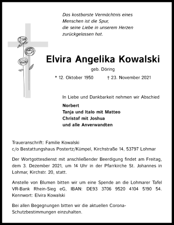 Anzeige von Elvira Angelika Kowalski von Kölner Stadt-Anzeiger / Kölnische Rundschau / Express