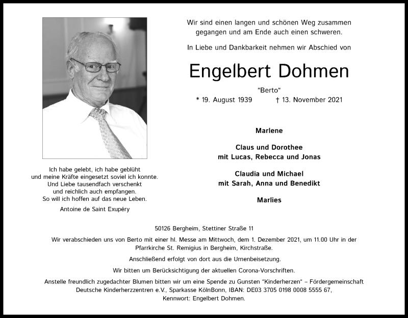  Traueranzeige für Engelbert Dohmen vom 20.11.2021 aus Kölner Stadt-Anzeiger / Kölnische Rundschau / Express