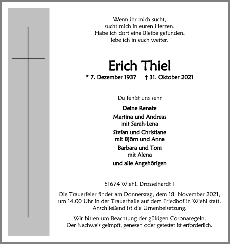  Traueranzeige für Erich Thiel vom 13.11.2021 aus Kölner Stadt-Anzeiger / Kölnische Rundschau / Express