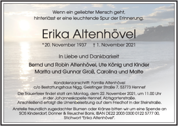 Anzeige von Erika Altenhövel von Kölner Stadt-Anzeiger / Kölnische Rundschau / Express