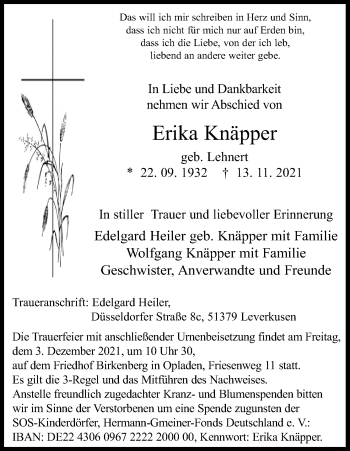 Anzeige von Erika Knäpper von Kölner Stadt-Anzeiger / Kölnische Rundschau / Express