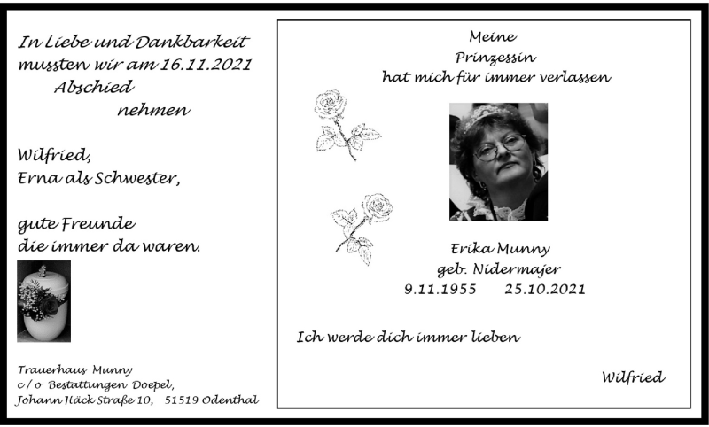  Traueranzeige für Erika Munny vom 20.11.2021 aus Kölner Stadt-Anzeiger / Kölnische Rundschau / Express
