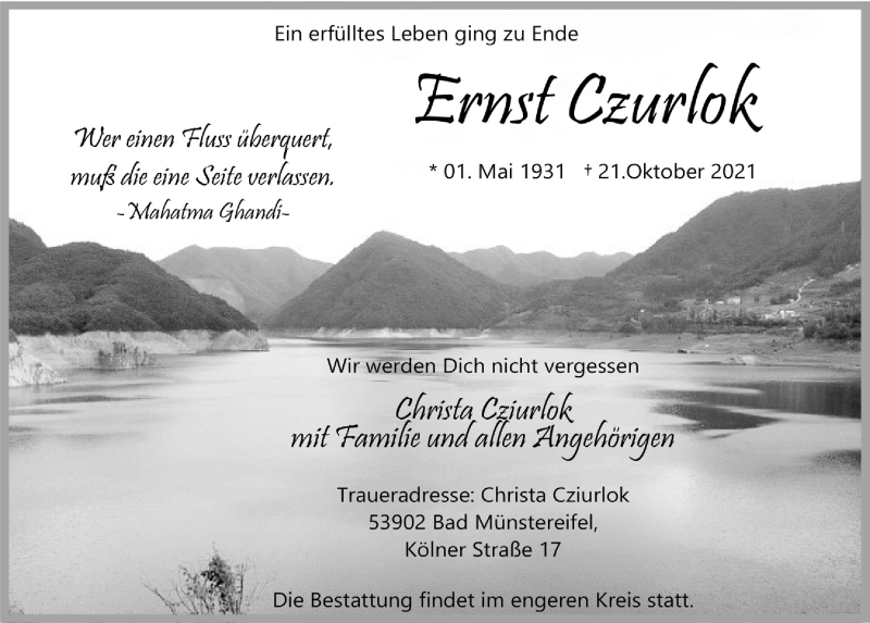  Traueranzeige für Ernst Czurlok vom 06.11.2021 aus  Blickpunkt Euskirchen 
