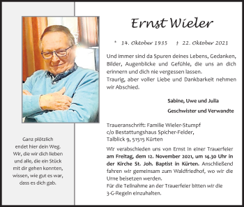 Anzeige von Ernst Wieler von Kölner Stadt-Anzeiger / Kölnische Rundschau / Express