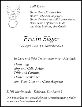 Anzeige von Erwin Säger von  Anzeigen Echo 