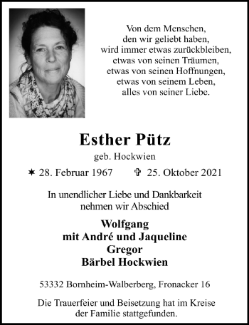 Anzeige von Esther Pütz von  Schlossbote/Werbekurier 