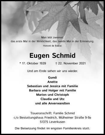 Anzeige von Eugen Schmid von Kölner Stadt-Anzeiger / Kölnische Rundschau / Express