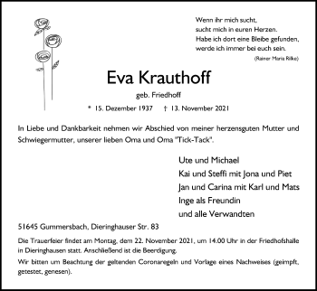 Anzeige von Eva Krauthoff von Kölner Stadt-Anzeiger / Kölnische Rundschau / Express