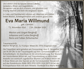 Anzeige von Eva Maria Willmund von  Anzeigen Echo 