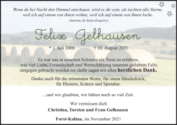 Anzeige von Felix Gelhausen von Kölner Stadt-Anzeiger / Kölnische Rundschau / Express