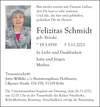 Anzeige von Felizitas Schmidt von Kölner Stadt-Anzeiger / Kölnische Rundschau / Express