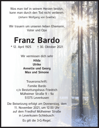 Anzeige von Franz Bardo von Kölner Stadt-Anzeiger / Kölnische Rundschau / Express